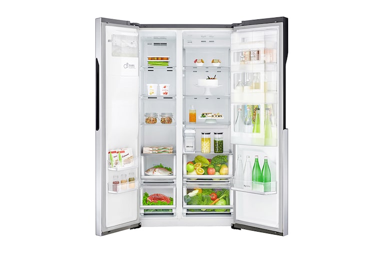 LG Side-by-Side mit Door-in-Door® |  Eis-, Crushed Ice- und Wasserspender  | 606 Liter Kapazität | Energieeffizienzklasse F | Interner Wassertank 4L | Steel | GSJ561PZUZ, GSJ561PZUZ